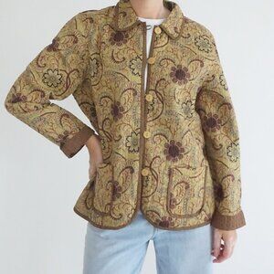 Vintage Gold Paisley Floral Block Print Quilted Button Front Blazer Jacket M